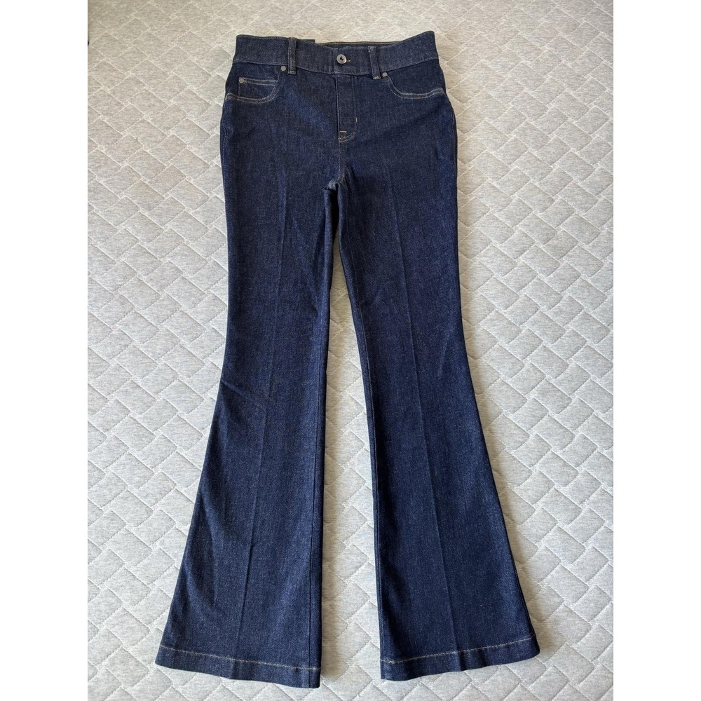 Spanx Jeans Womens Small Petite Blue High Rise Flare Stretch Dark Wash Denim